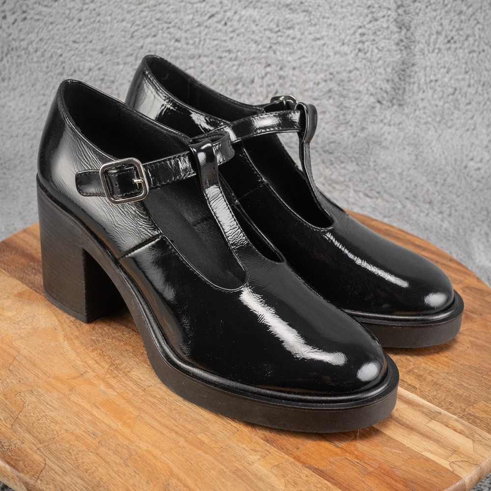 Maeve Anthropologie Black Leather T-Strap Mary Jane Heels Size 10-10.5